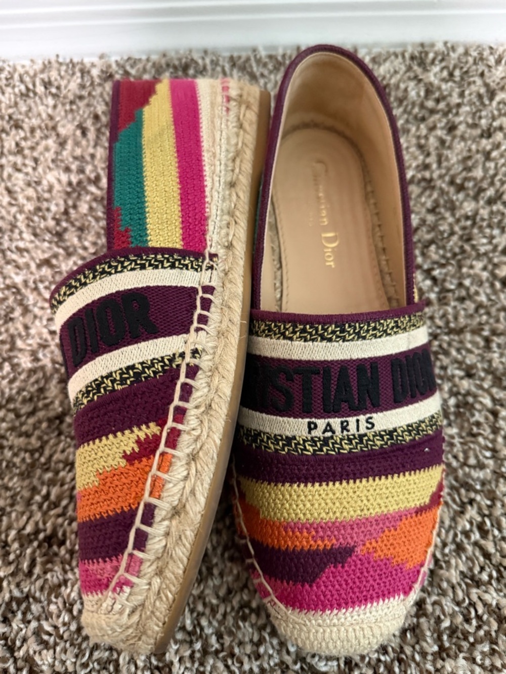 Dior Multicolor Canvas Slip-On Espadrilles with Burgundy, Pink & Orange Accents - Picture 3 of 6